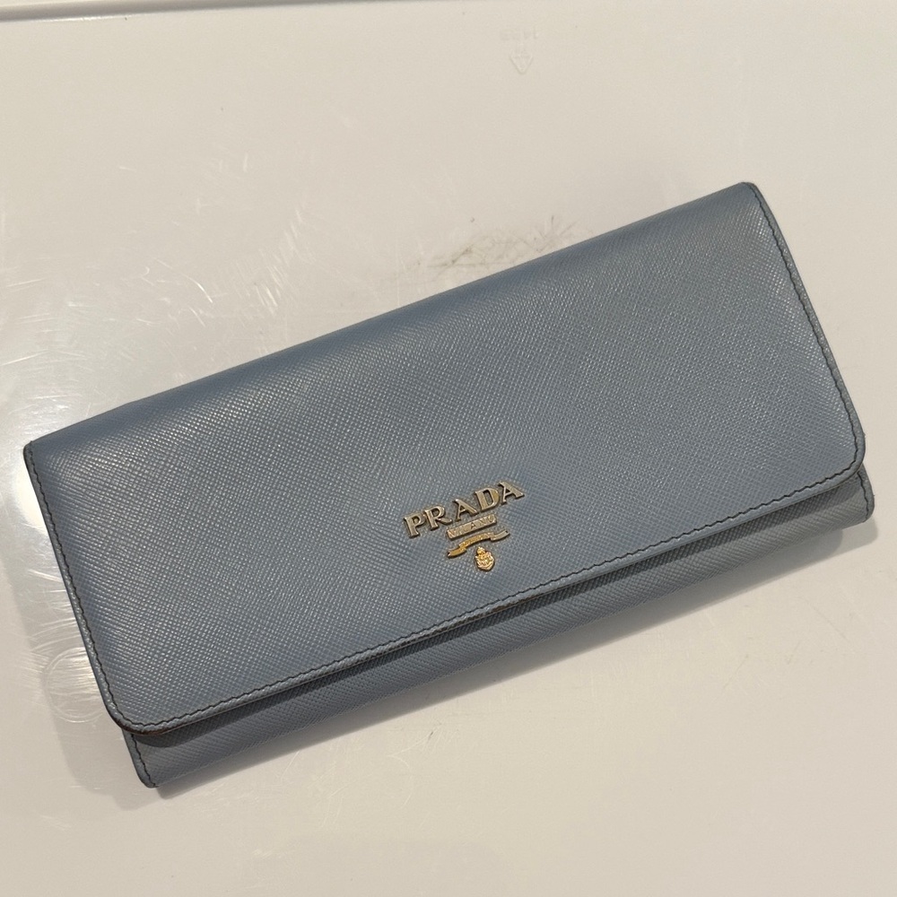 Prada Light Blue Saffiano Leather Double Snap Long Wallet EUC